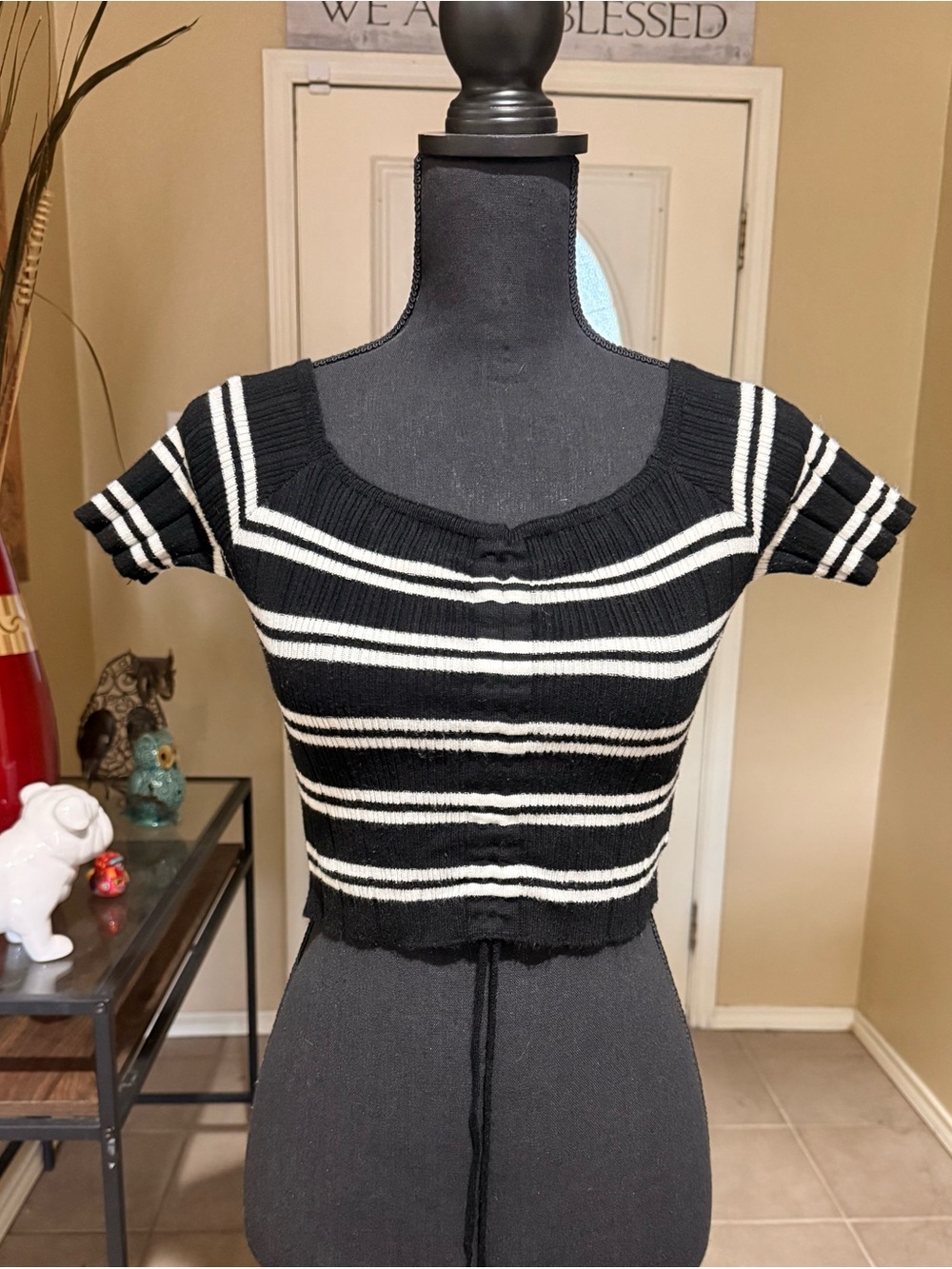 Active USA Black and White Striped Ribbed Crop Top